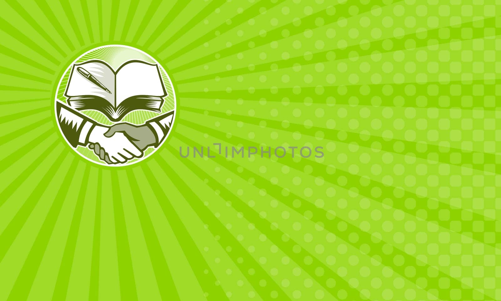 Business card showing Illustration of two hands in handshake one white and the other black set inside circle done in retro woodcut style with textbook book and pen in background.....