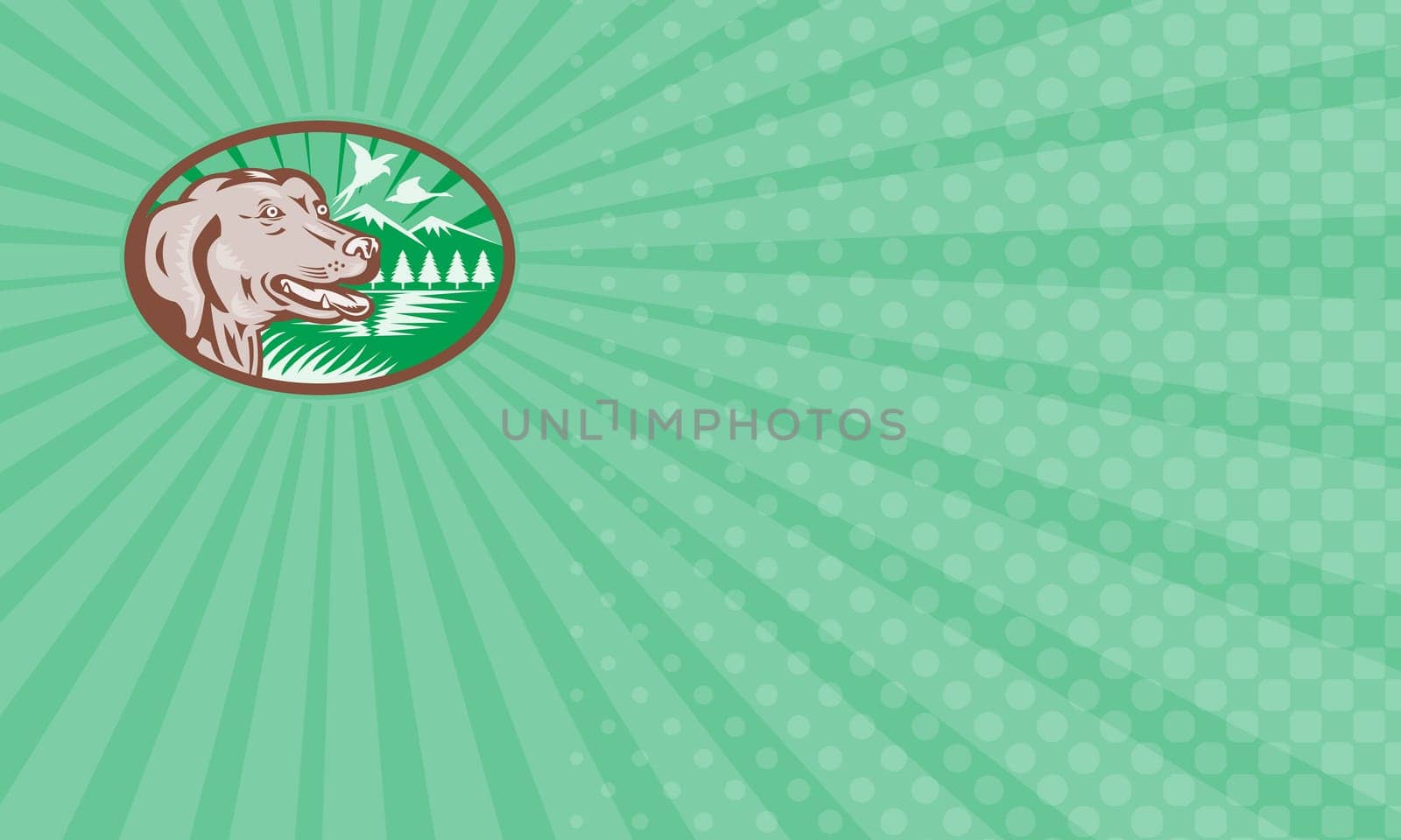Business card showing Illustration of a labrador golden retriever dog with pheasant goose bird flying mountains trees  in background set inside ellipse done in retro woodcut style.....