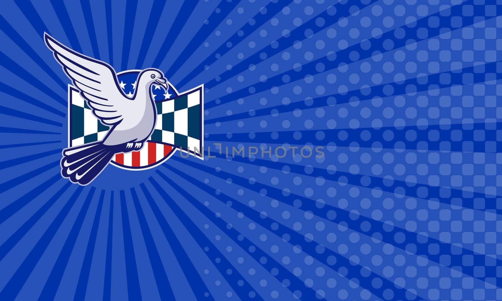 Business card showing Illustration of a racing pigeon with race flag and american stars and stripes set inside circle....