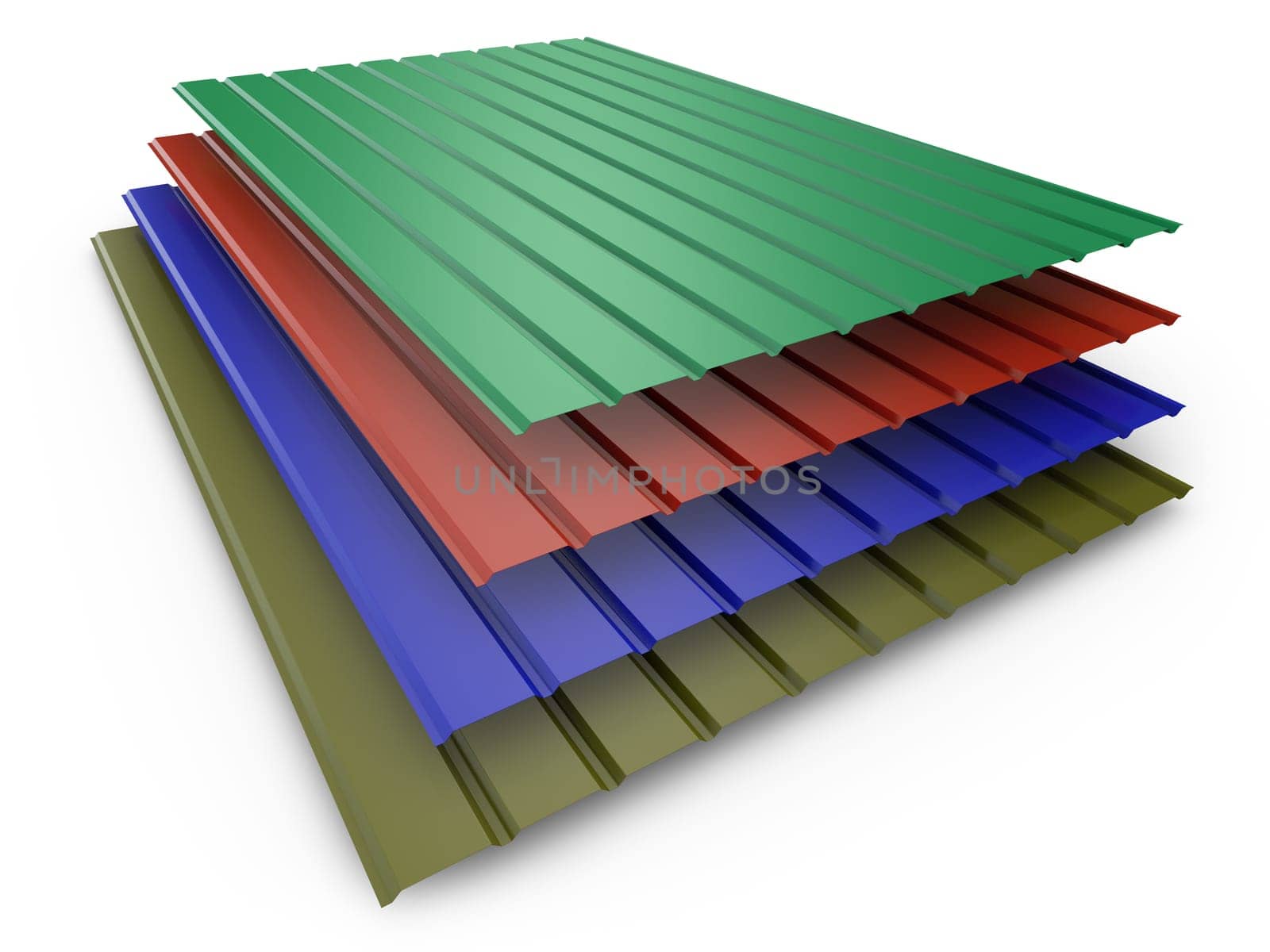 a stack of colored metal profile sheets. 3d render.