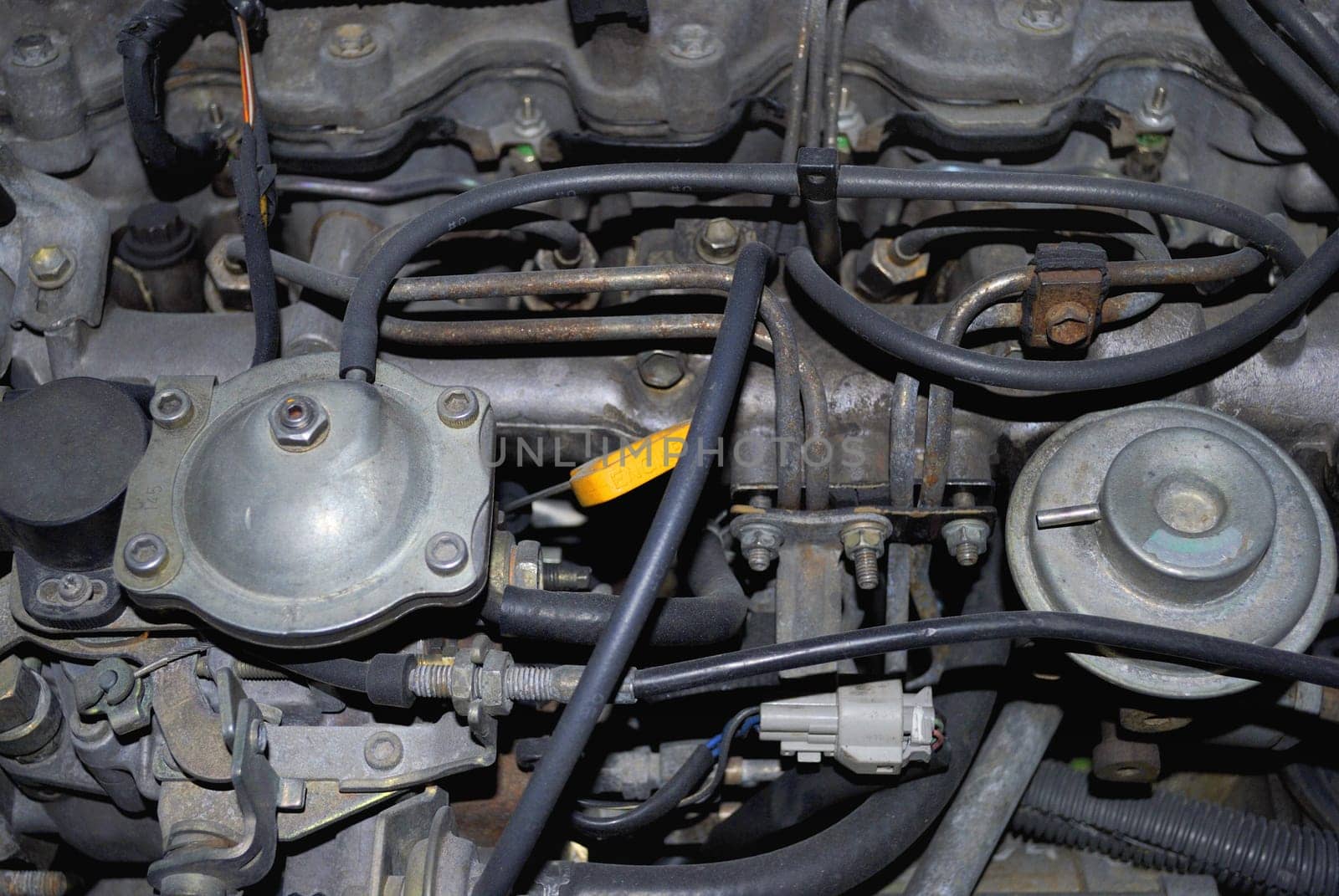 Close-up shot of a part of the working diesel engine