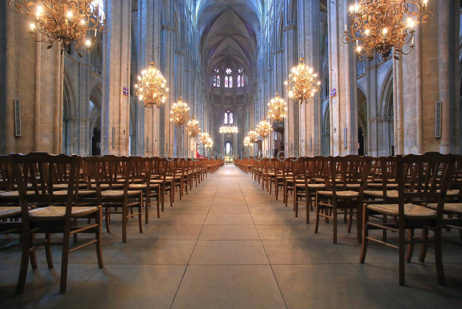 The nave and the chandeliers of Saint-Etienne Cathedral, Bourges, Centre, France