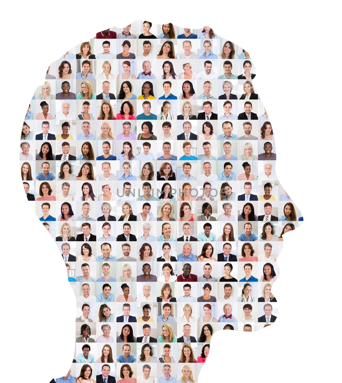 Superimposed Collage Of People On Human Face On White Background