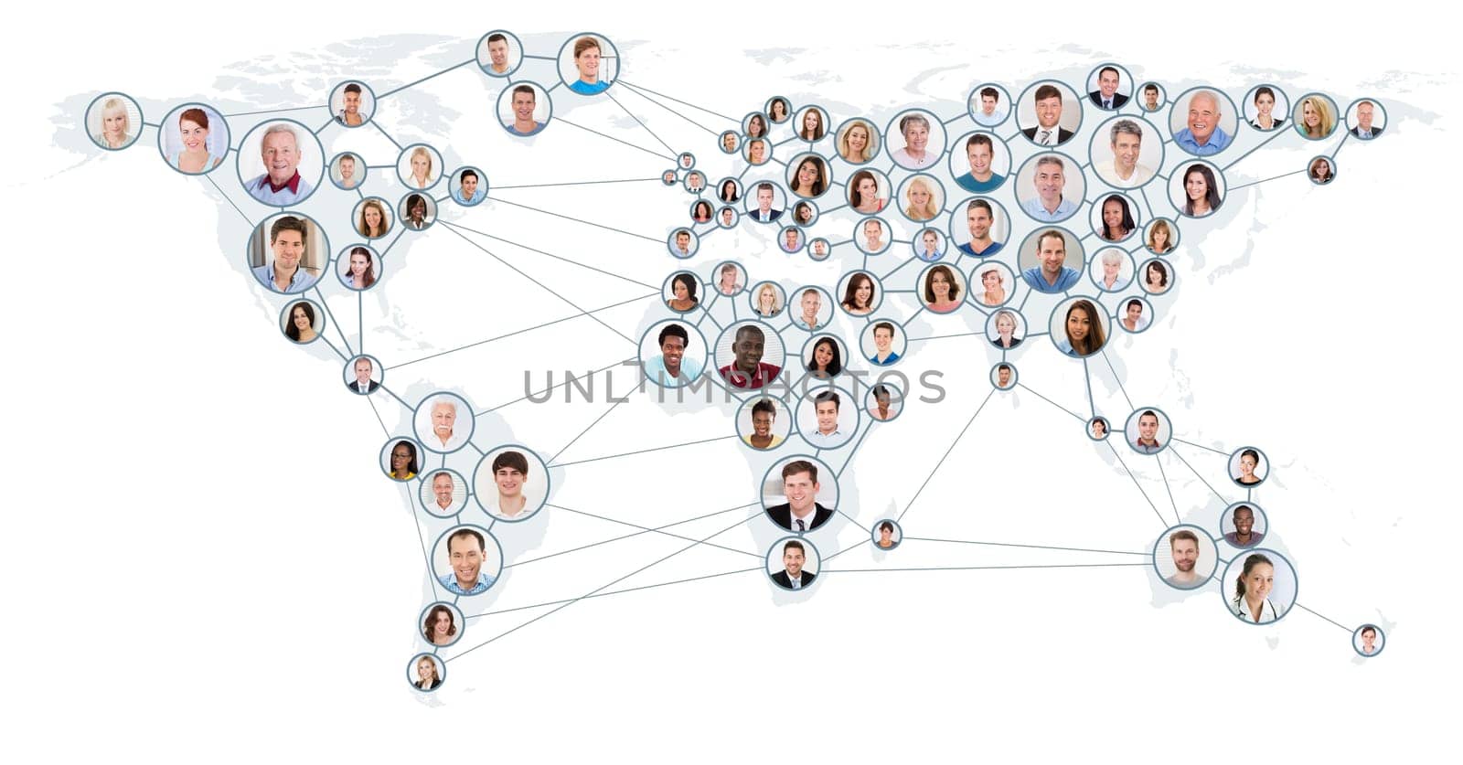 Collage Of People With Network And Communication Concept On World Map. Global Business Concept