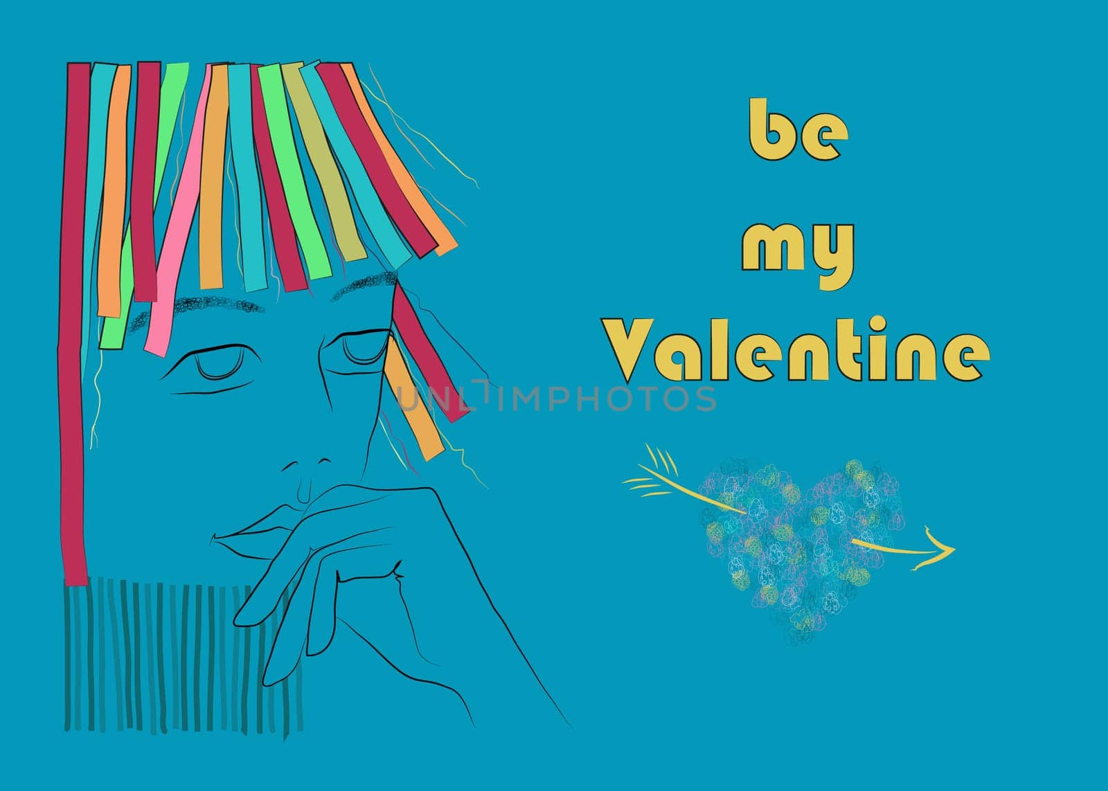Be my Valentine. Girl with colorful hair. Drawing effect. Blue background. Colorful heart. Yellow text. illustration