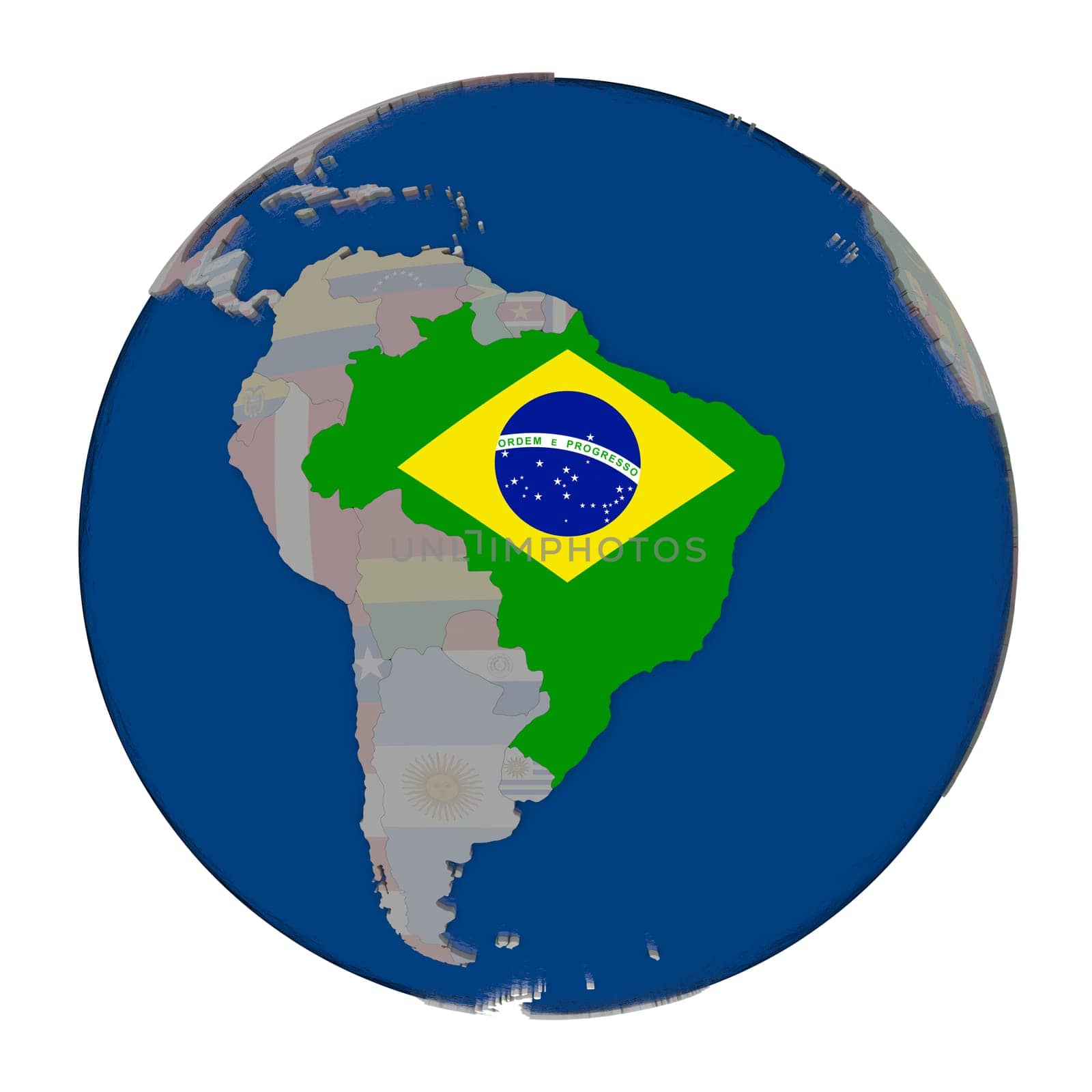 Brazil with embedded national flag on political globe. 3D illustration isolated on white background.