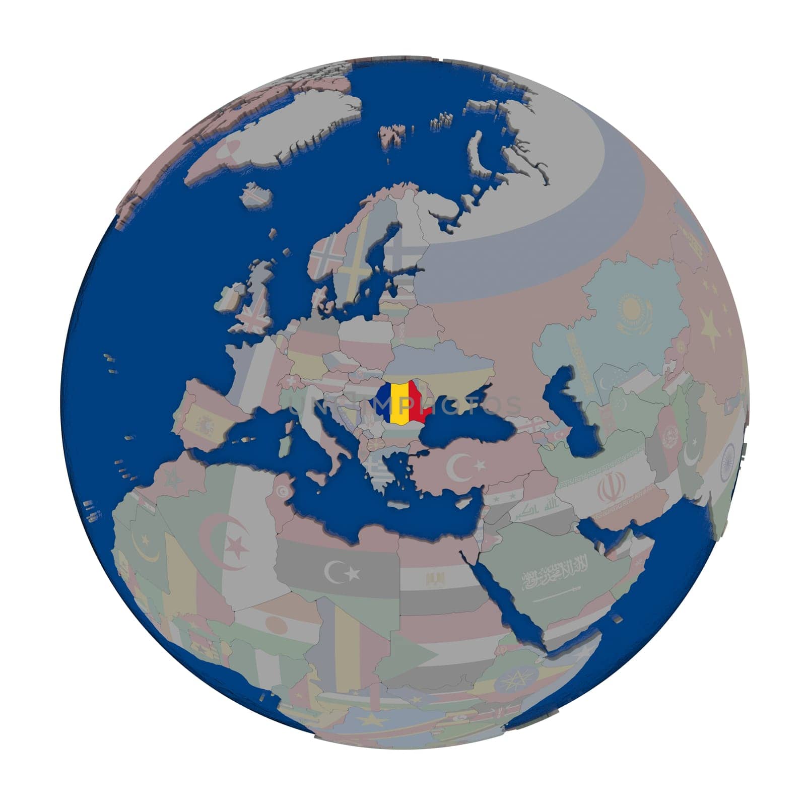 Romania with embedded national flag on political globe. 3D illustration isolated on white background.