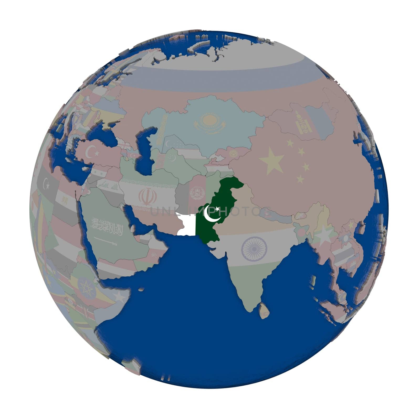 Pakistan with embedded national flag on political globe. 3D illustration isolated on white background.
