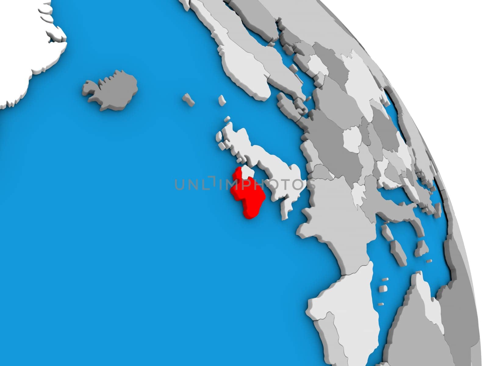 Ireland highlighted in red on simple globe with visible country borders. 3D illustration