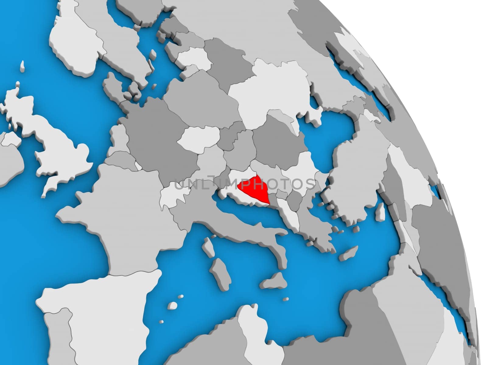 Bosnia highlighted in red on simple globe with visible country borders. 3D illustration