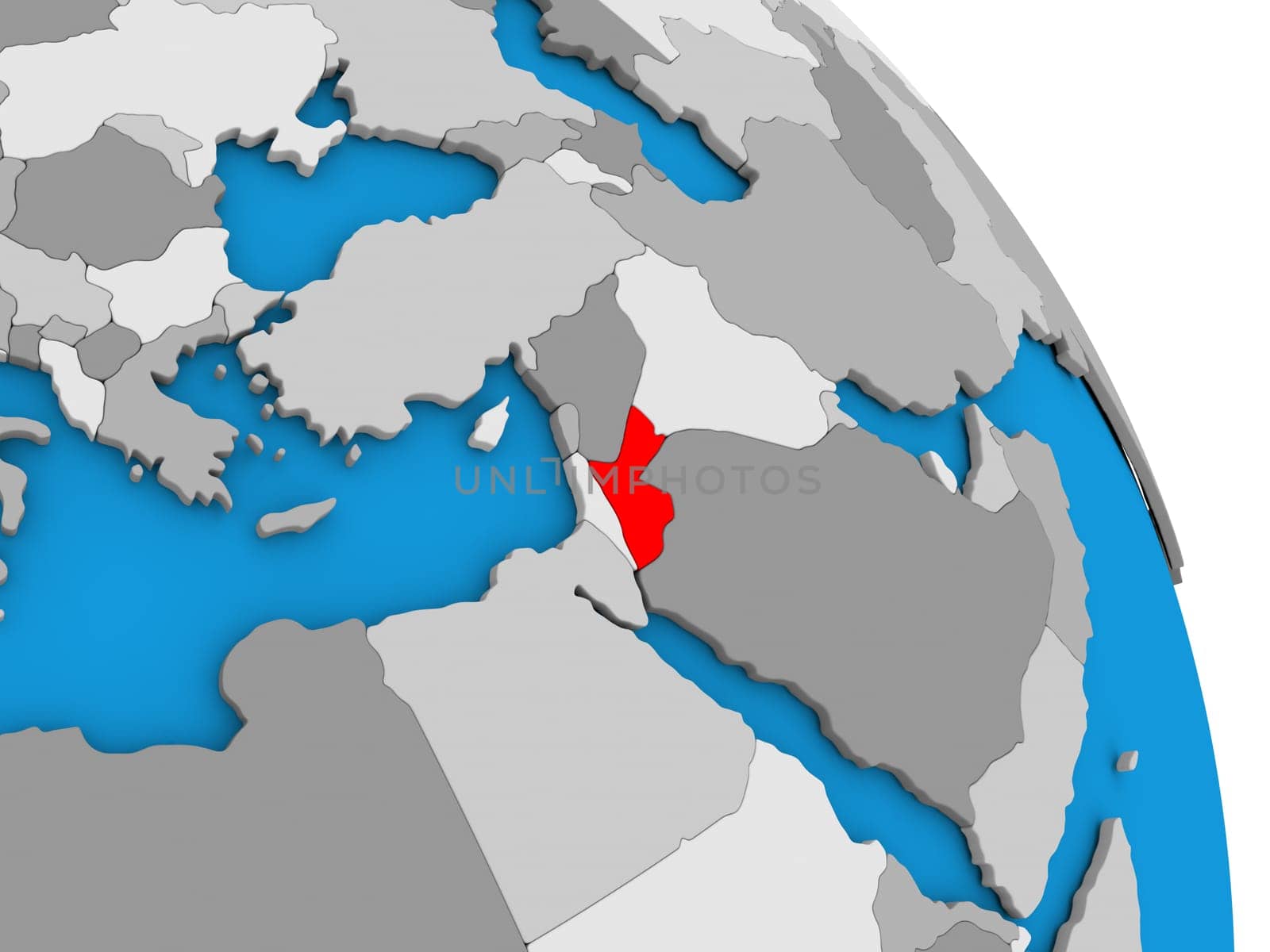 Jordan highlighted in red on simple globe with visible country borders. 3D illustration