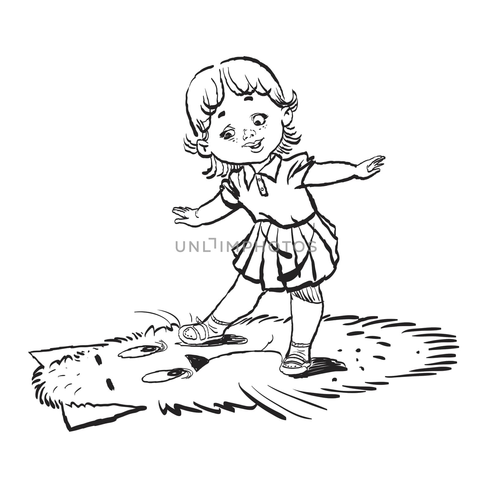 Silhouette of little girl and cat. Cartoon illustration isolate. The toy carpet