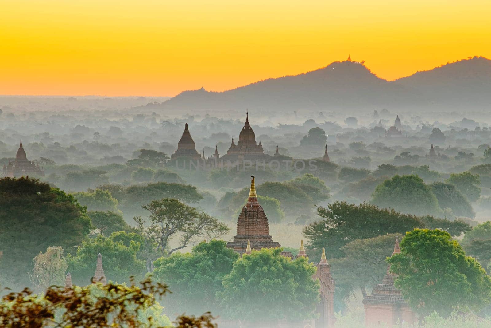 Scenic view of ancient Bagan temple during golden hour