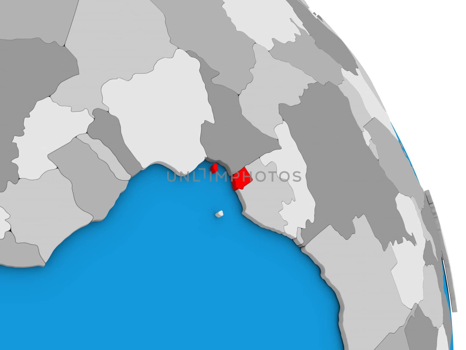 Equatorial Guinea highlighted in red on simple globe with visible country borders. 3D illustration