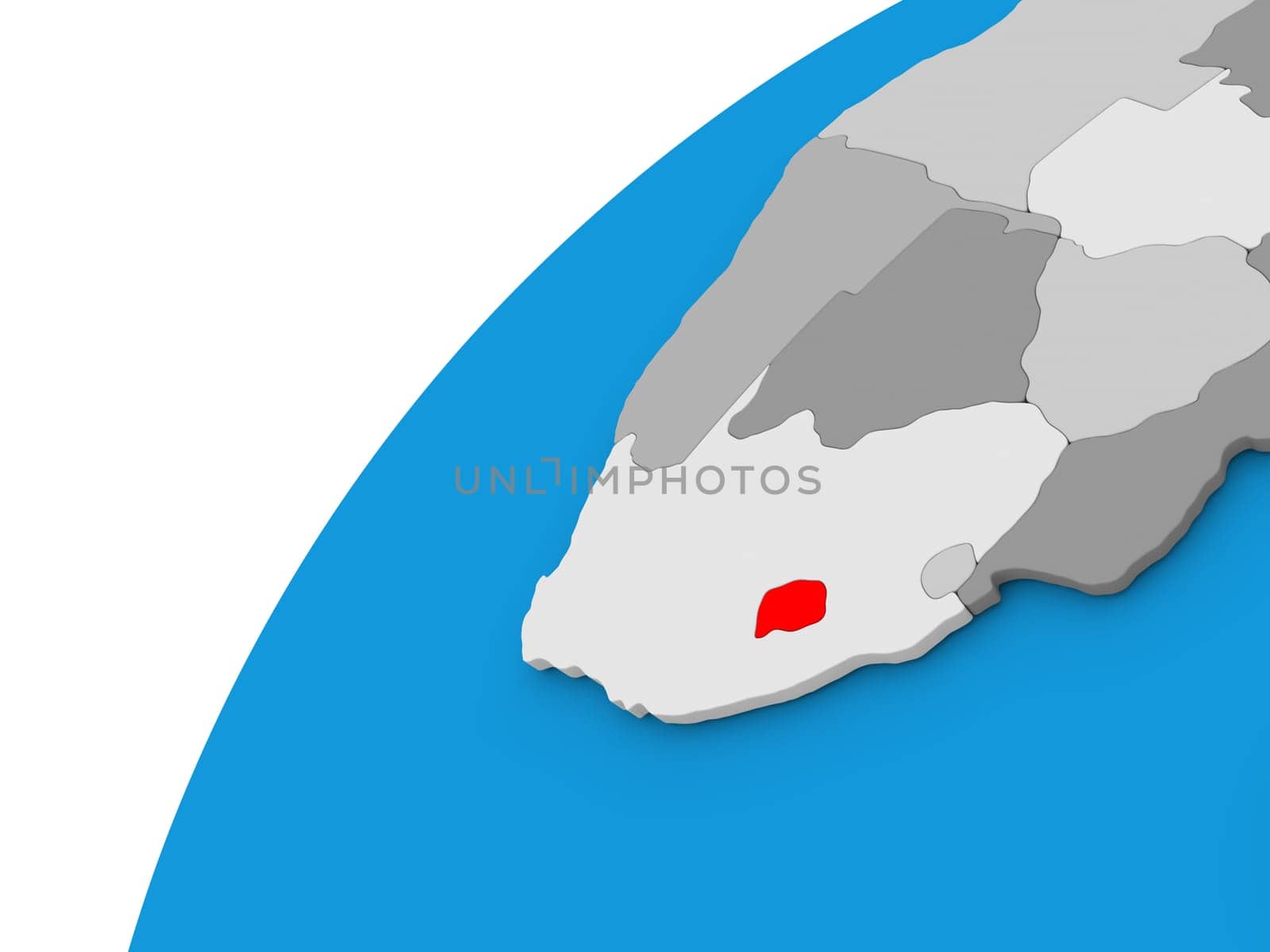 Lesotho highlighted in red on globe with visible country borders. 3D illustration