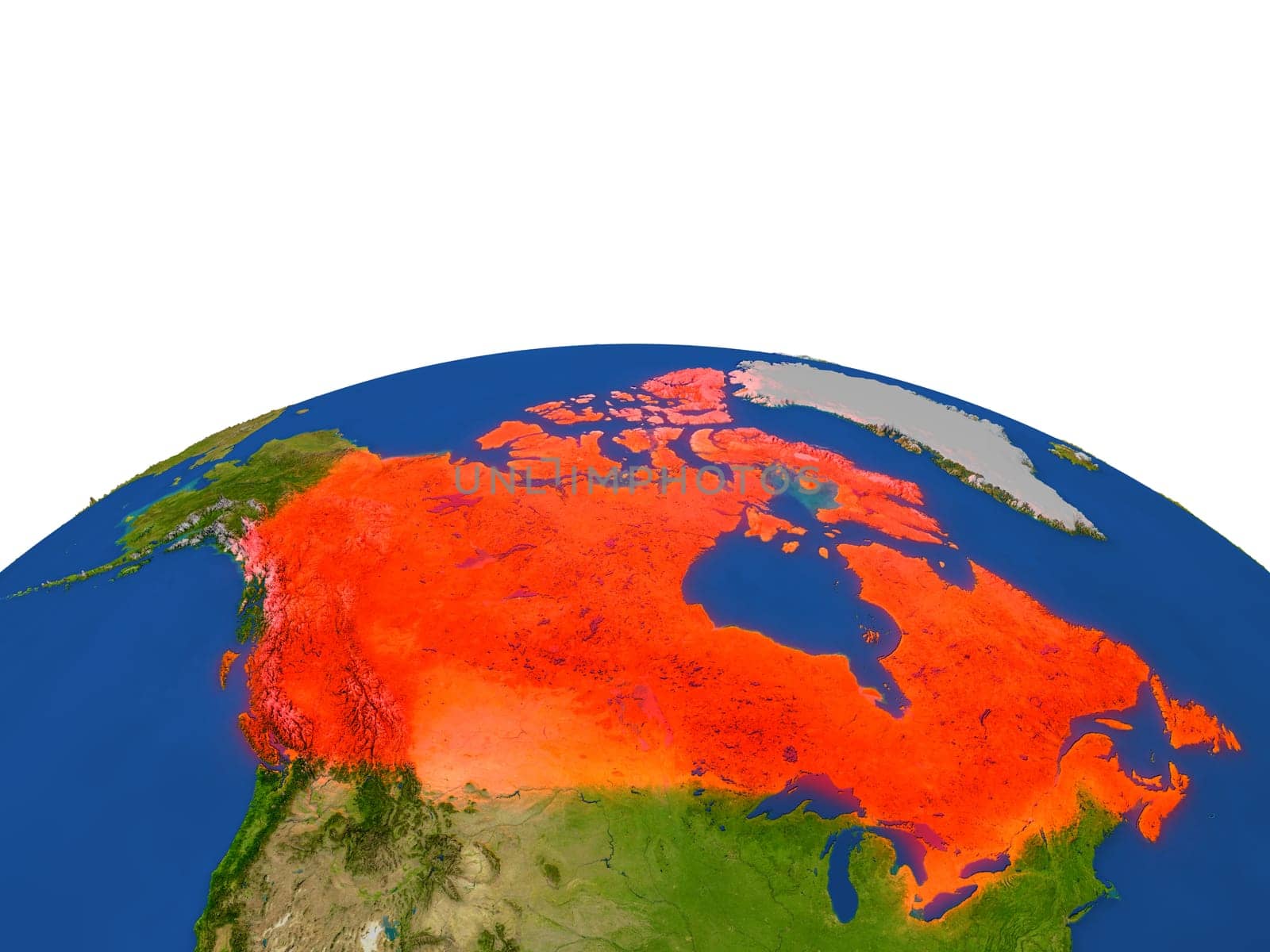 Canada from Earth's orbit in space highlighted in red color. 3D illustration with highly detailed realistic planet surface. Elements of this image furnished by NASA.