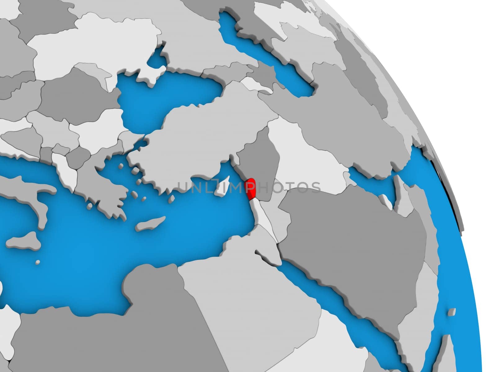 Lebanon highlighted in red on simple globe with visible country borders. 3D illustration