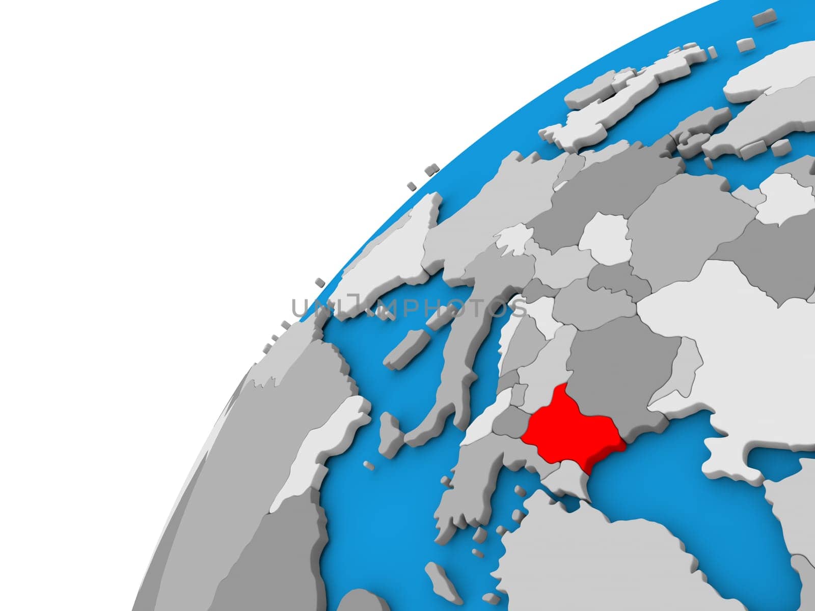Bulgaria highlighted in red on globe with visible country borders. 3D illustration