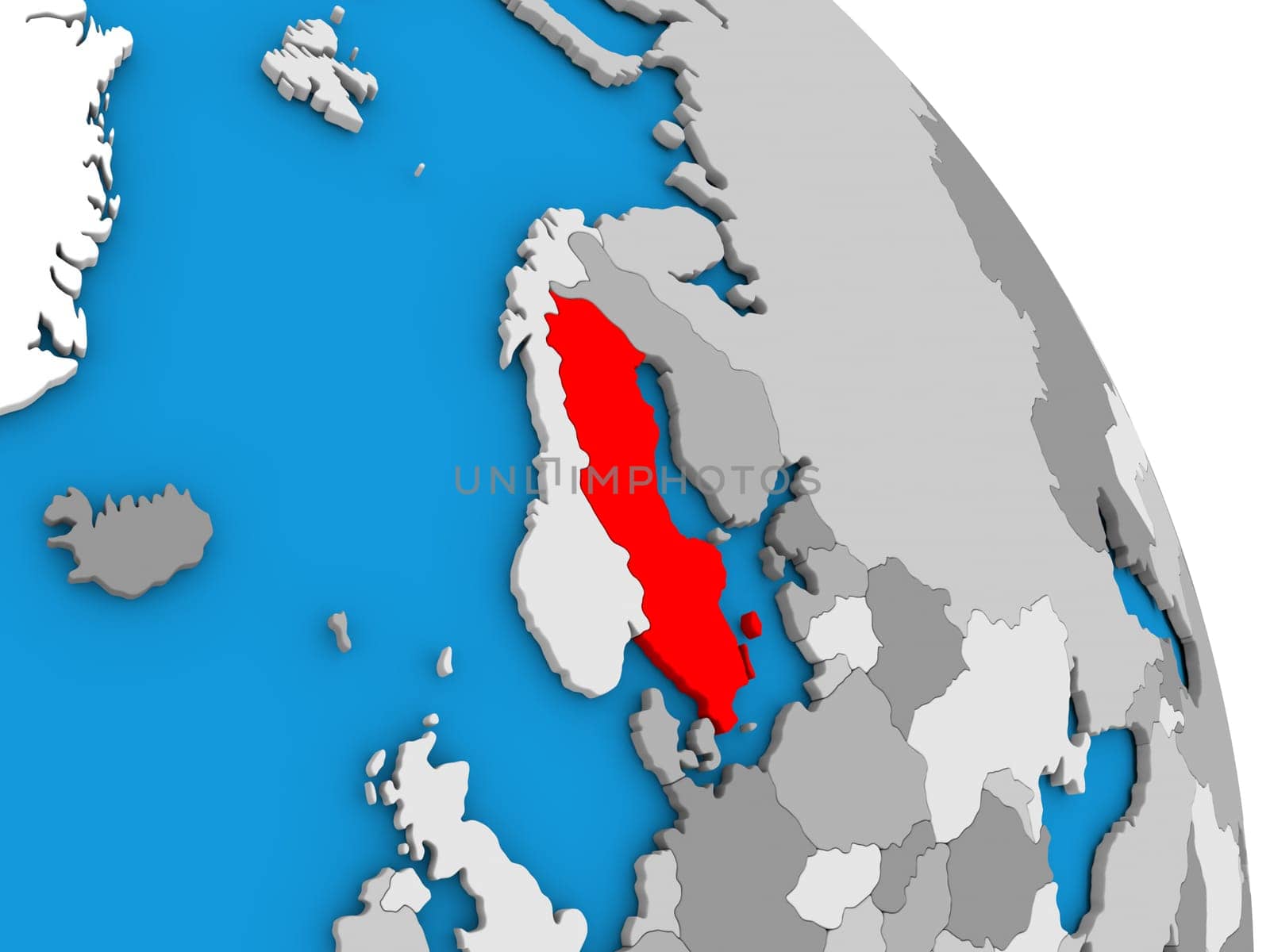 Sweden highlighted in red on simple globe with visible country borders. 3D illustration