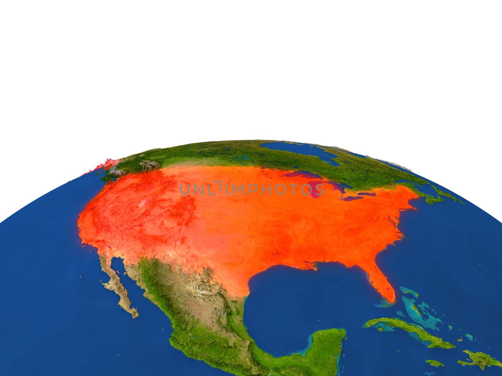 USA from Earth's orbit in space highlighted in red color. 3D illustration with highly detailed realistic planet surface. Elements of this image furnished by NASA.
