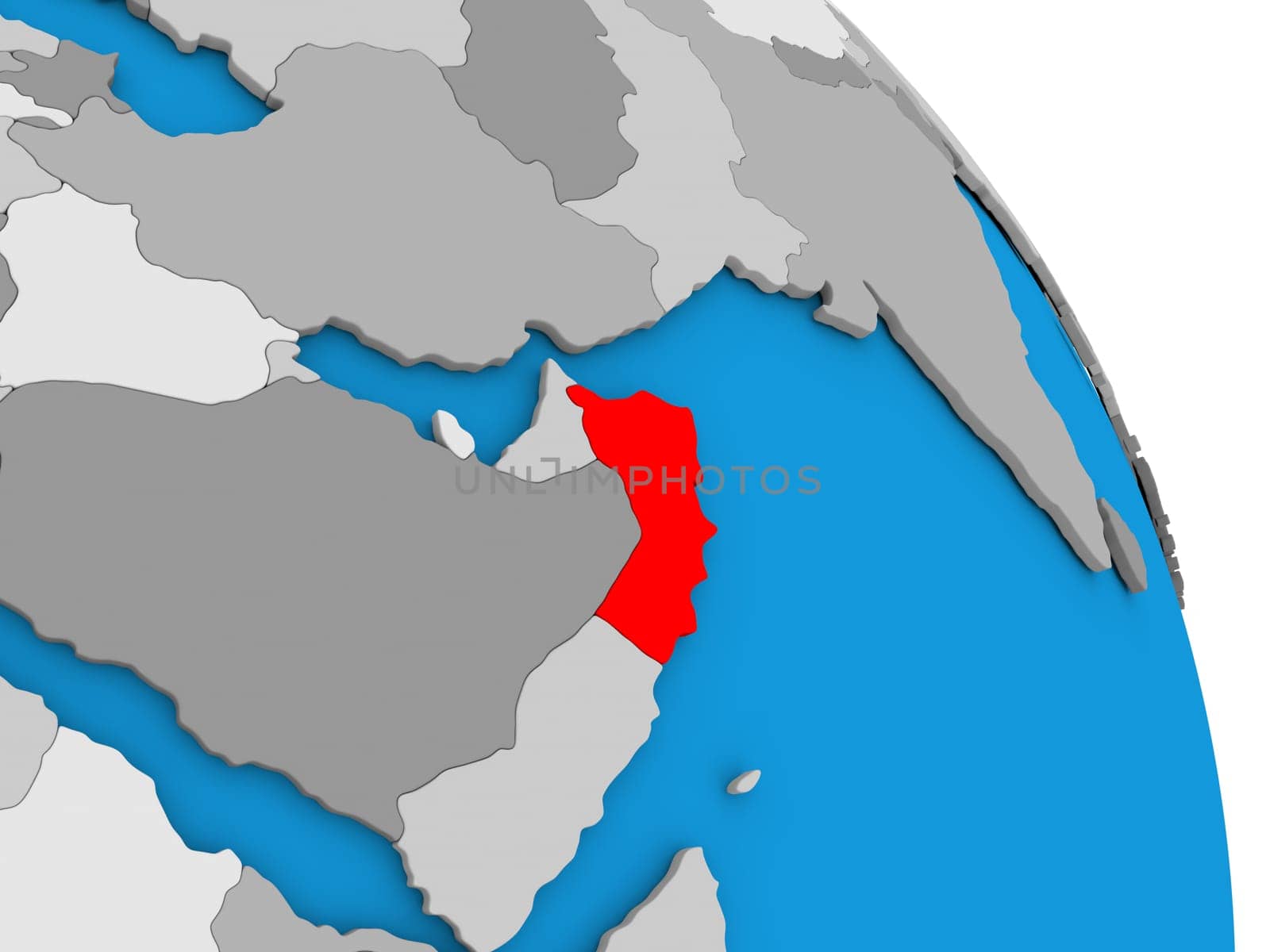 Oman highlighted in red on simple globe with visible country borders. 3D illustration