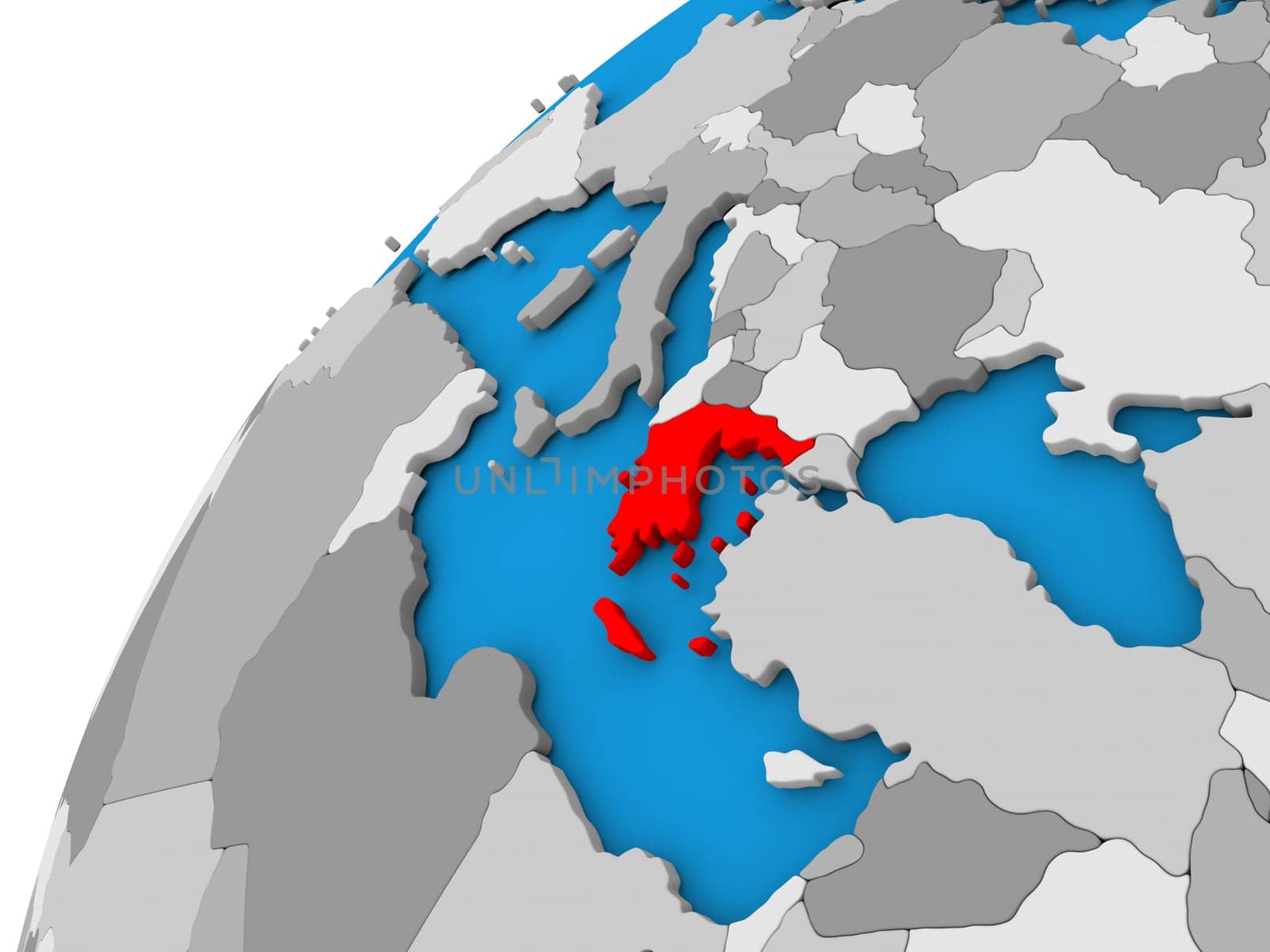 Greece highlighted in red on globe with visible country borders. 3D illustration