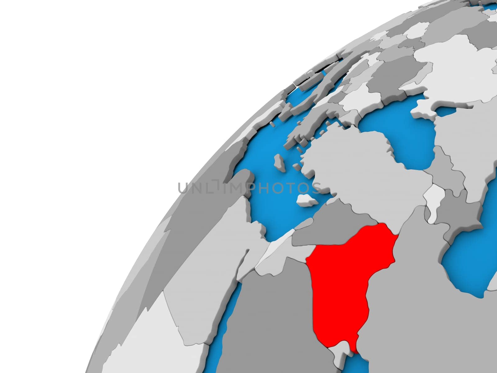 Iraq highlighted in red on globe with visible country borders. 3D illustration