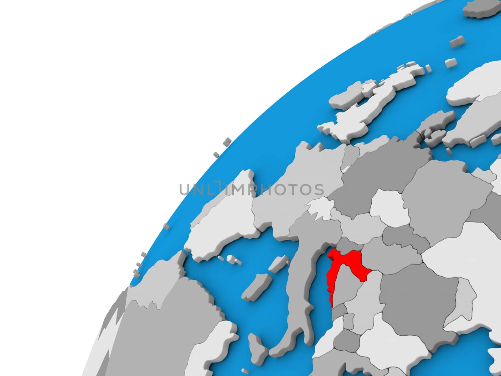 Croatia highlighted in red on globe with visible country borders. 3D illustration