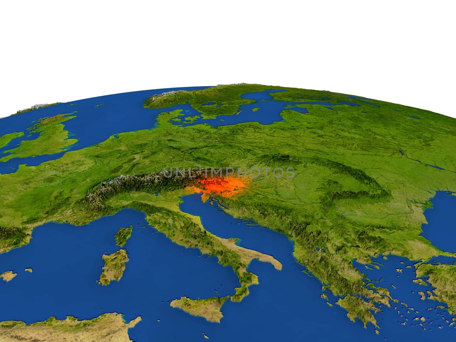Slovenia from Earth's orbit in space highlighted in red color. 3D illustration with highly detailed realistic planet surface. Elements of this image furnished by NASA.