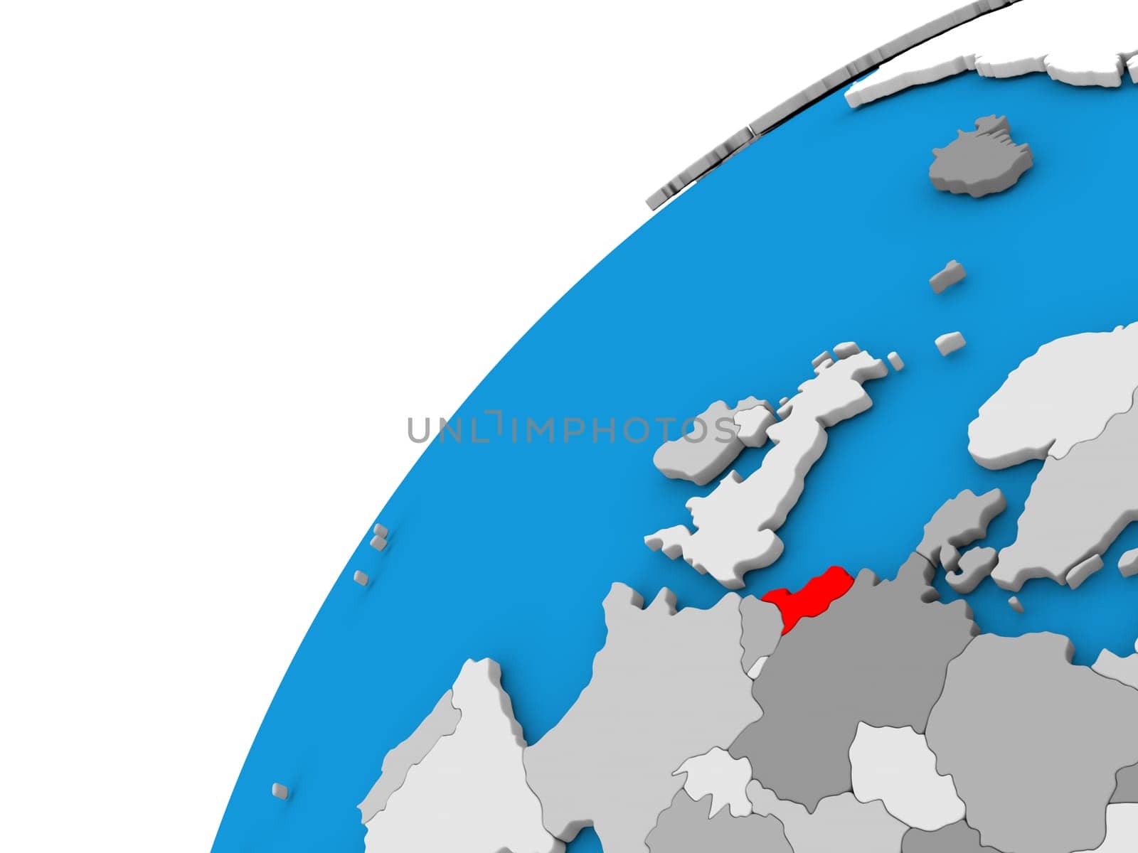 Netherlands highlighted in red on globe with visible country borders. 3D illustration