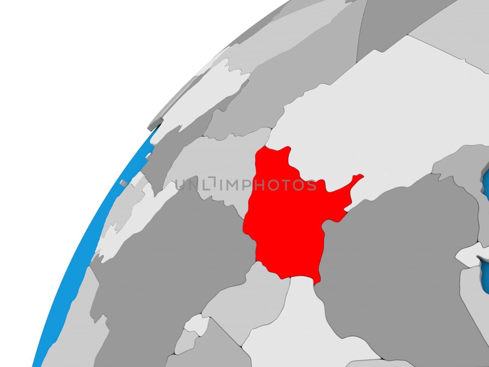 South Sudan highlighted in red on globe with visible country borders. 3D illustration