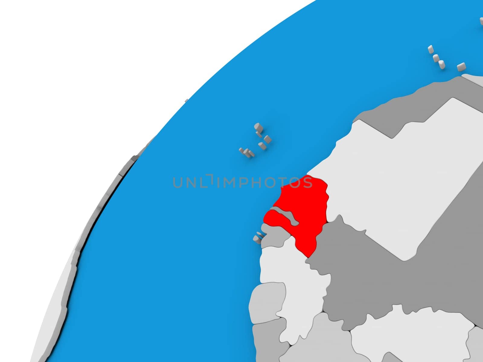 Senegal highlighted in red on globe with visible country borders. 3D illustration