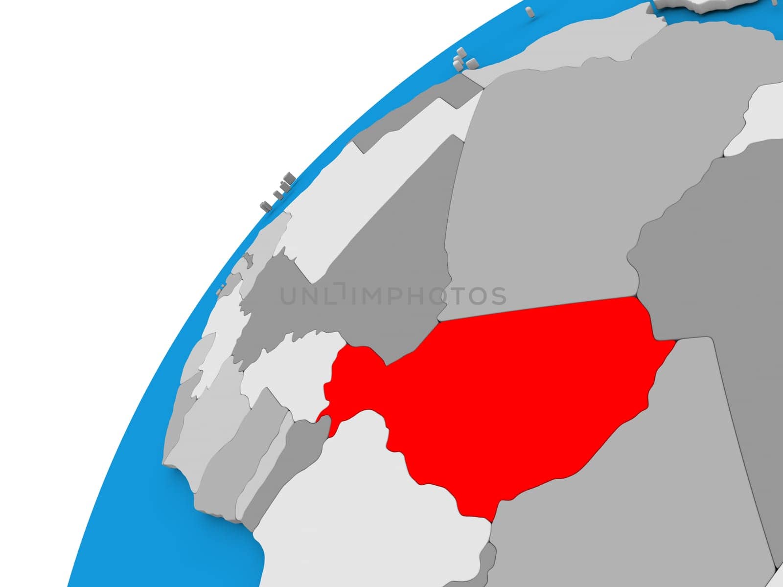 Niger highlighted in red on globe with visible country borders. 3D illustration