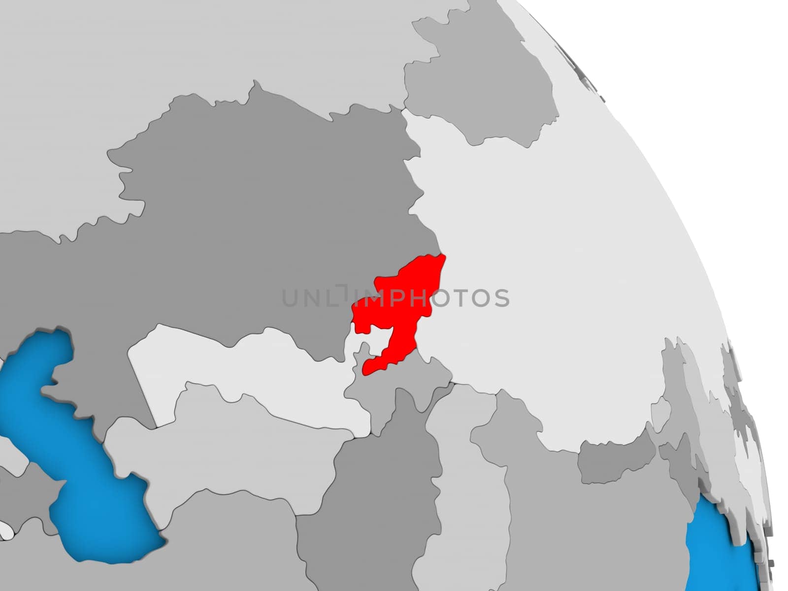 Kyrgyzstan highlighted in red on simple globe with visible country borders. 3D illustration