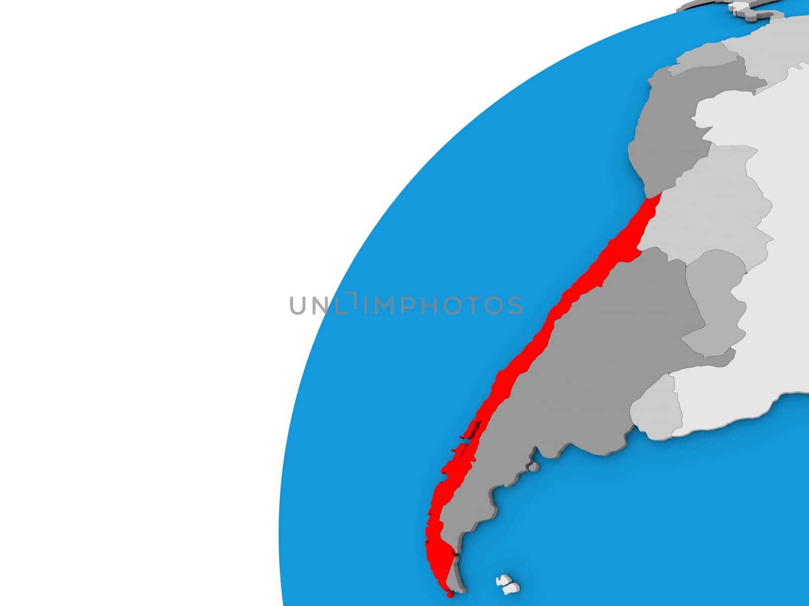 Chile highlighted in red on globe with visible country borders. 3D illustration