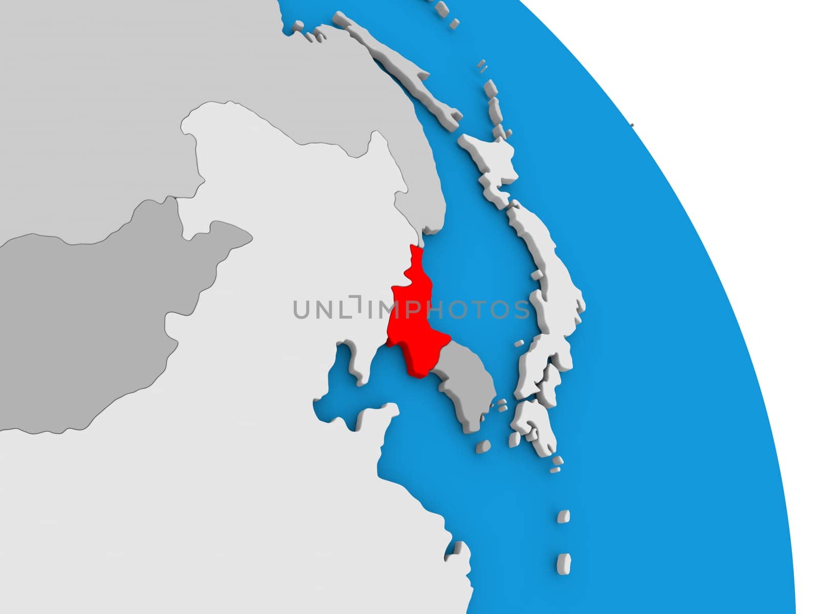 North Korea highlighted in red on simple globe with visible country borders. 3D illustration