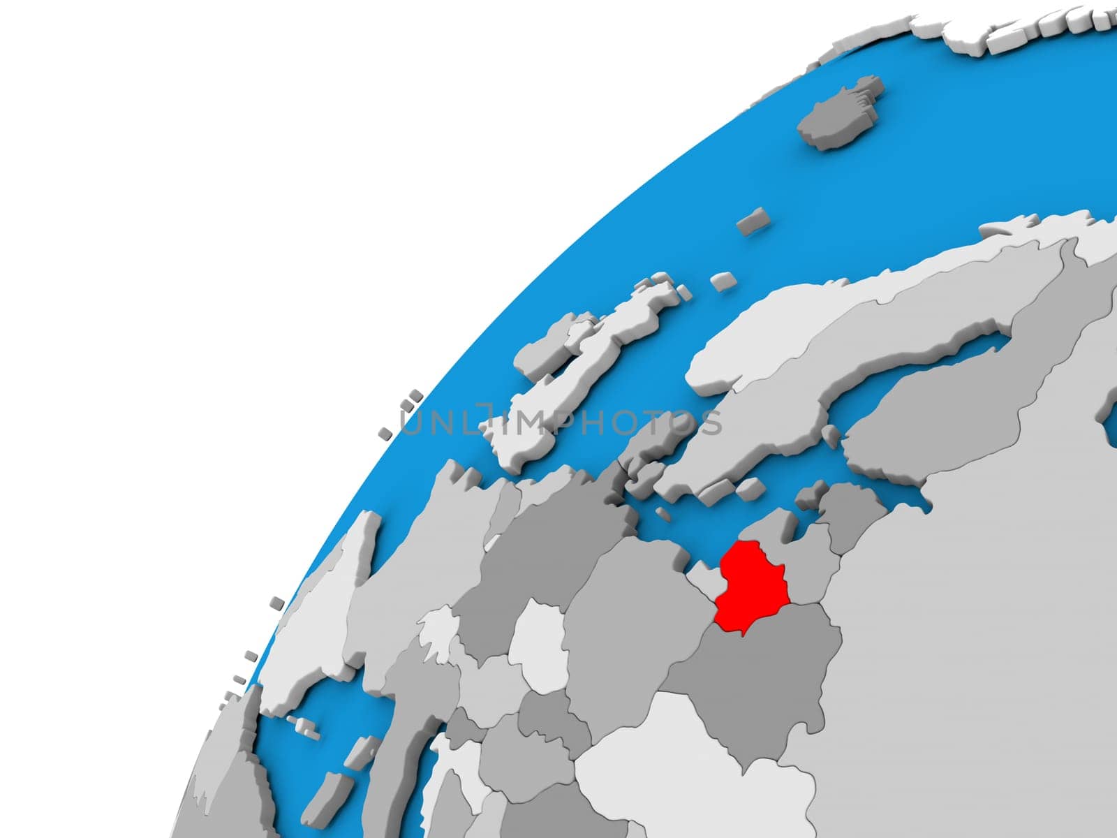 Lithuania highlighted in red on globe with visible country borders. 3D illustration