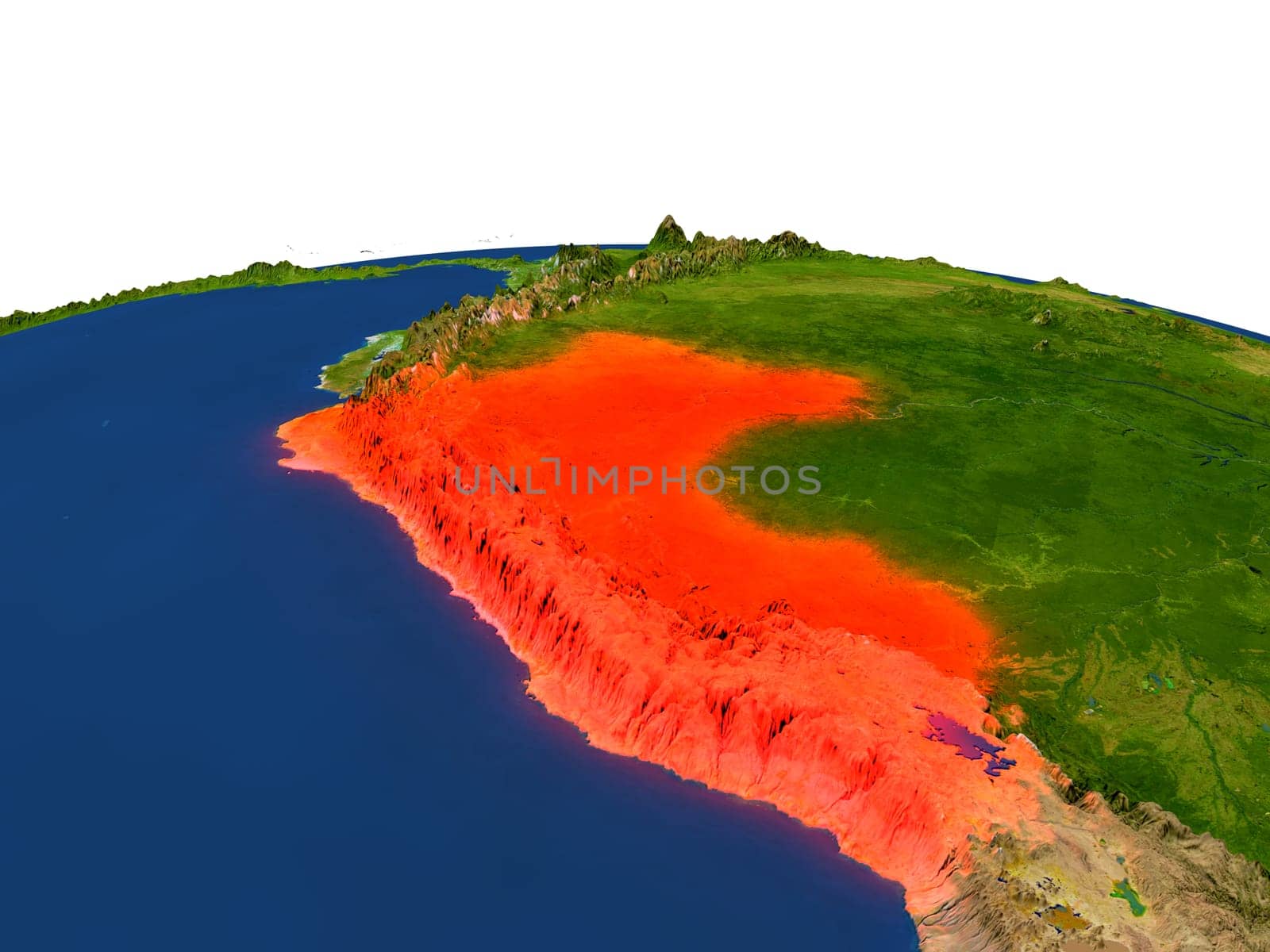 Peru from Earth's orbit in space highlighted in red color. 3D illustration with highly detailed realistic planet surface. Elements of this image furnished by NASA.