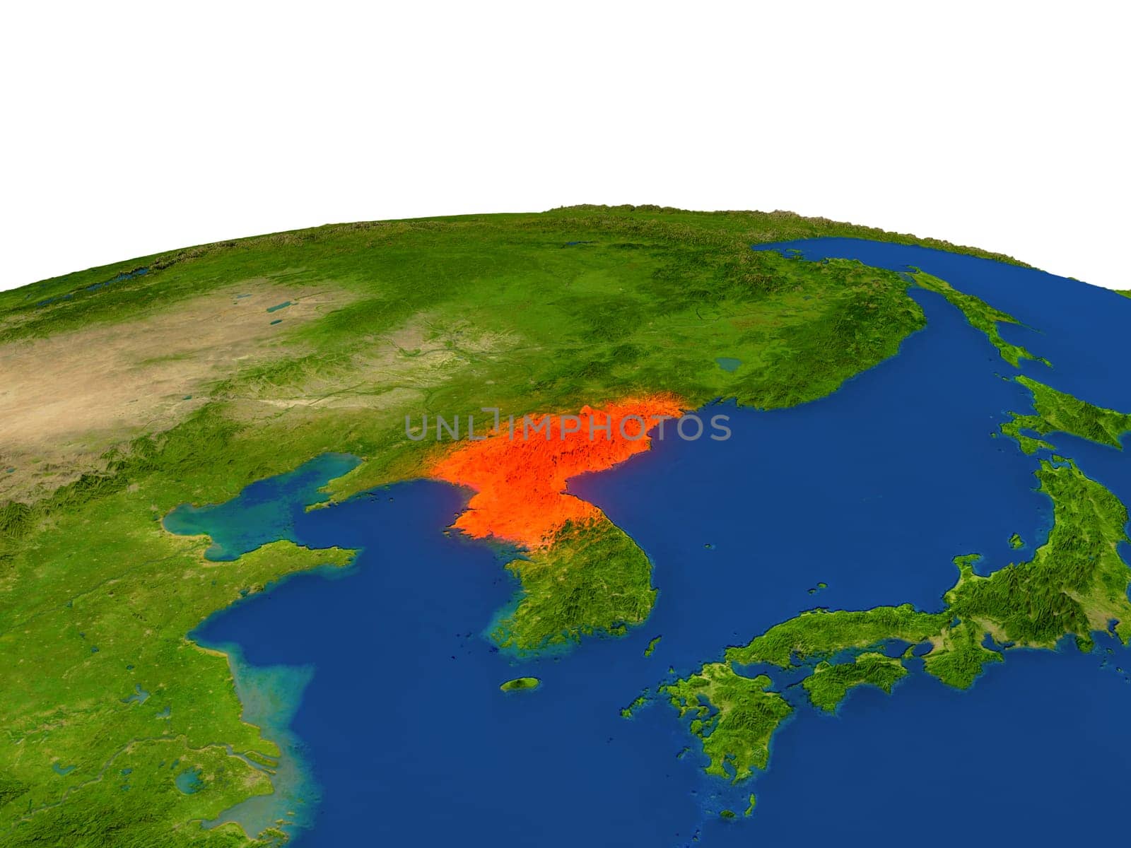 North Korea from Earth's orbit in space highlighted in red color. 3D illustration with highly detailed realistic planet surface. Elements of this image furnished by NASA.