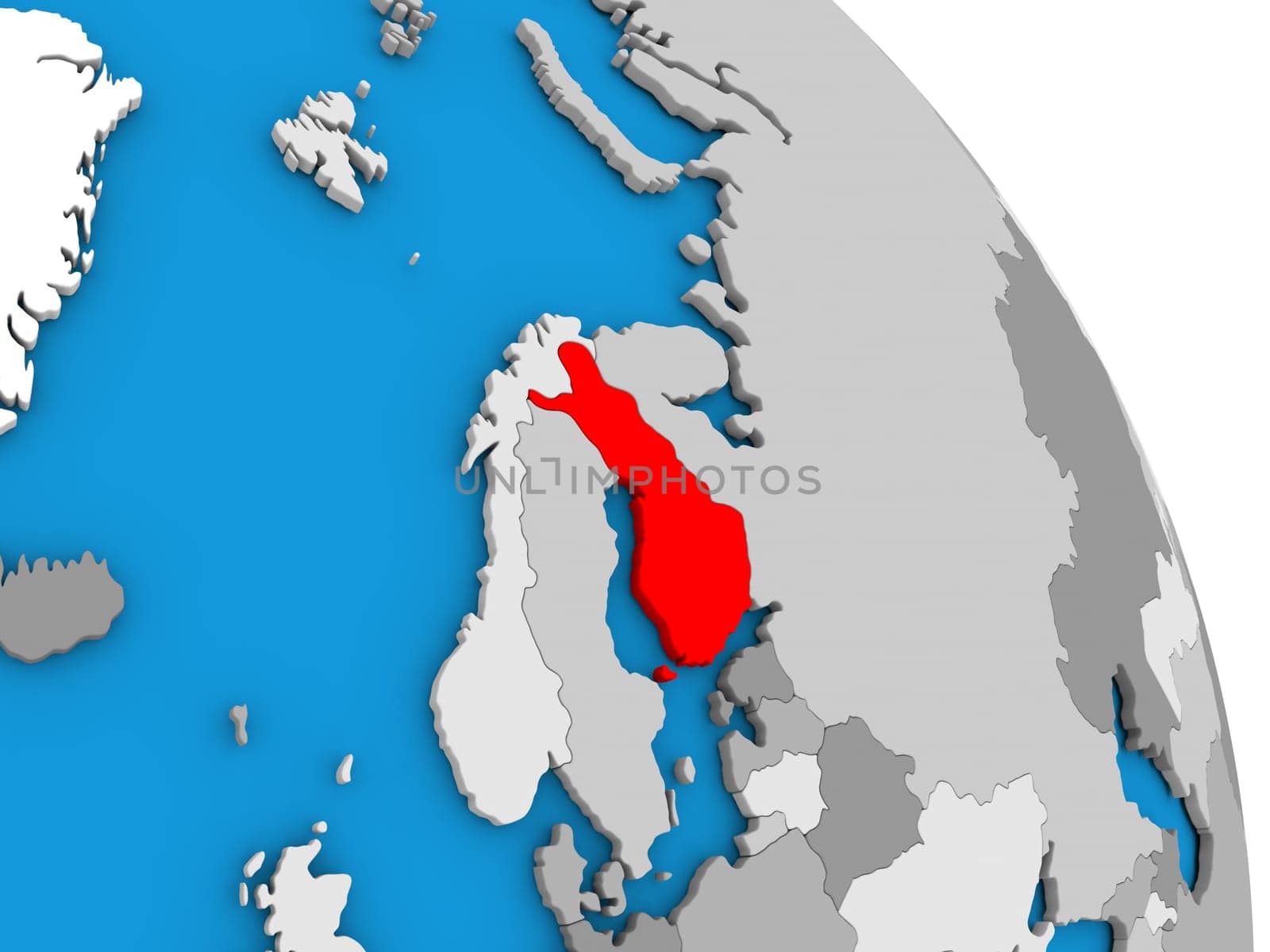 Finland highlighted in red on simple globe with visible country borders. 3D illustration