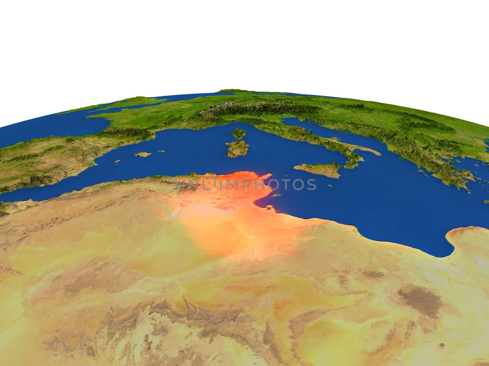 Tunisia from Earth's orbit in space highlighted in red color. 3D illustration with highly detailed realistic planet surface. Elements of this image furnished by NASA.