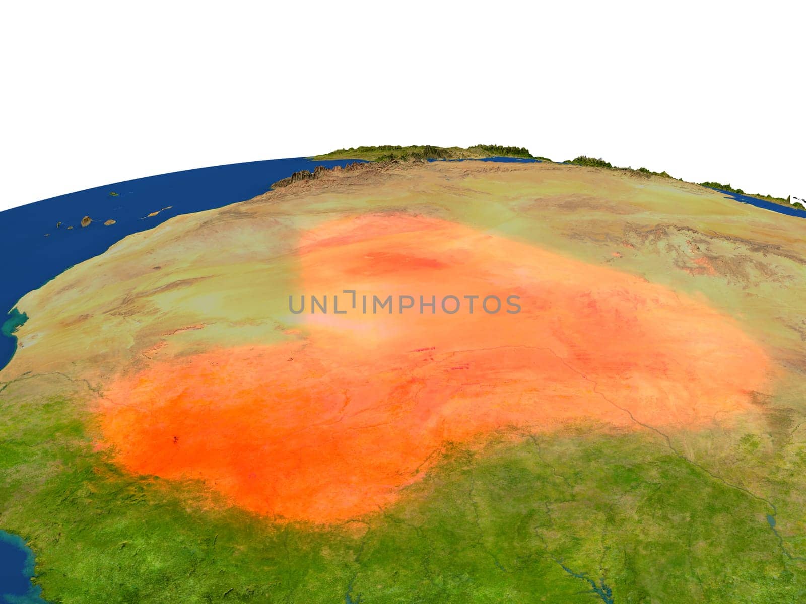 Mali from Earth's orbit in space highlighted in red color. 3D illustration with highly detailed realistic planet surface. Elements of this image furnished by NASA.