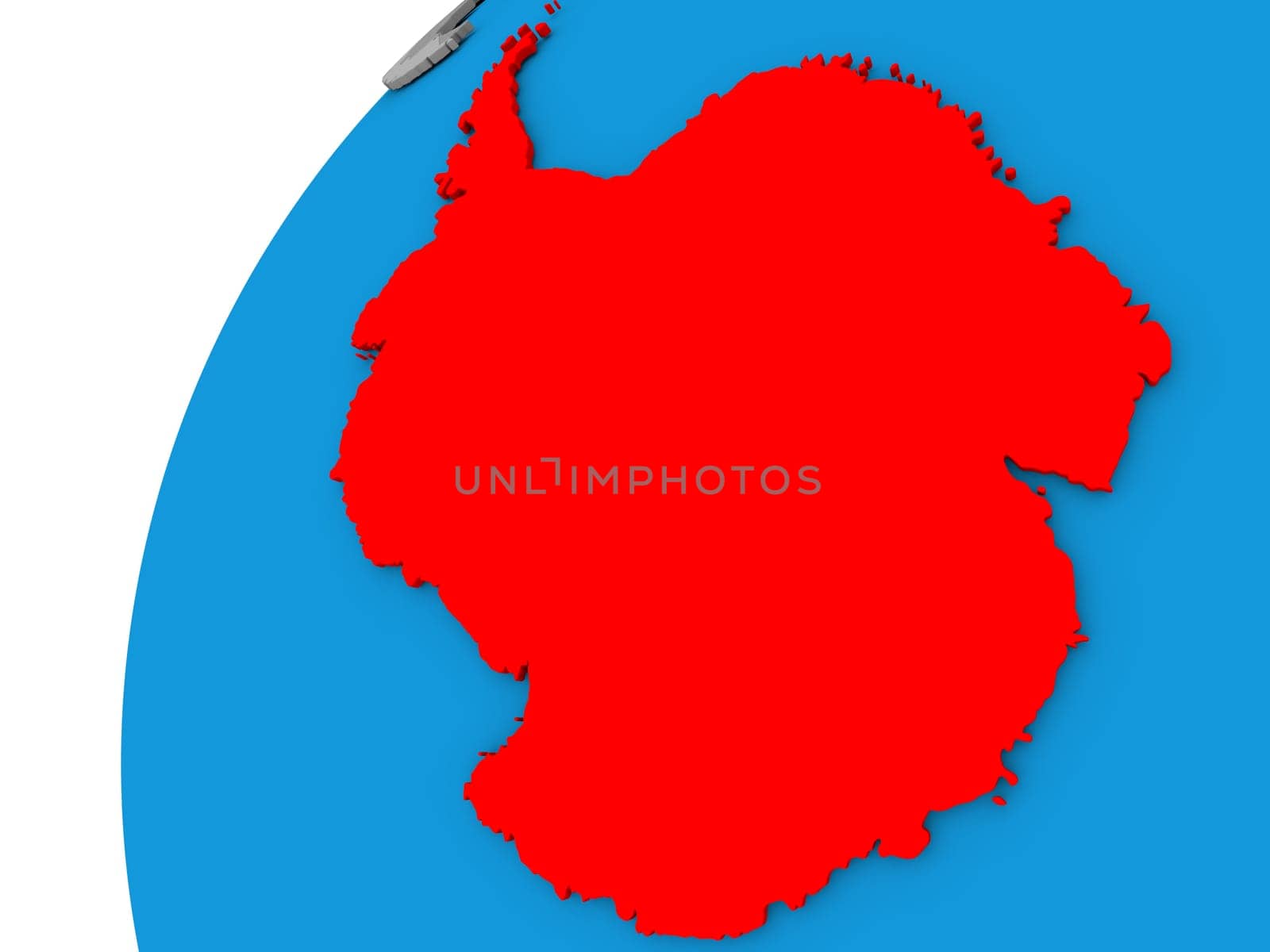 Antarctica highlighted in red on globe with visible country borders. 3D illustration