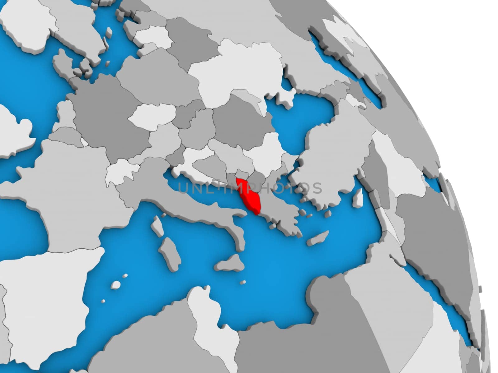 Albania highlighted in red on simple globe with visible country borders. 3D illustration