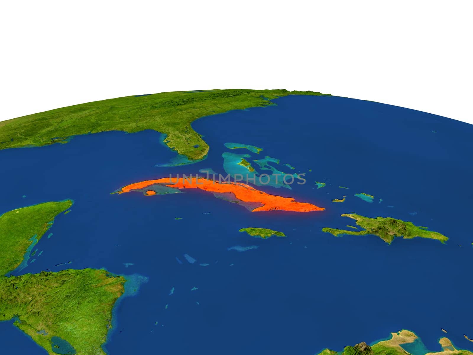 Cuba from Earth's orbit in space highlighted in red color. 3D illustration with highly detailed realistic planet surface. Elements of this image furnished by NASA.
