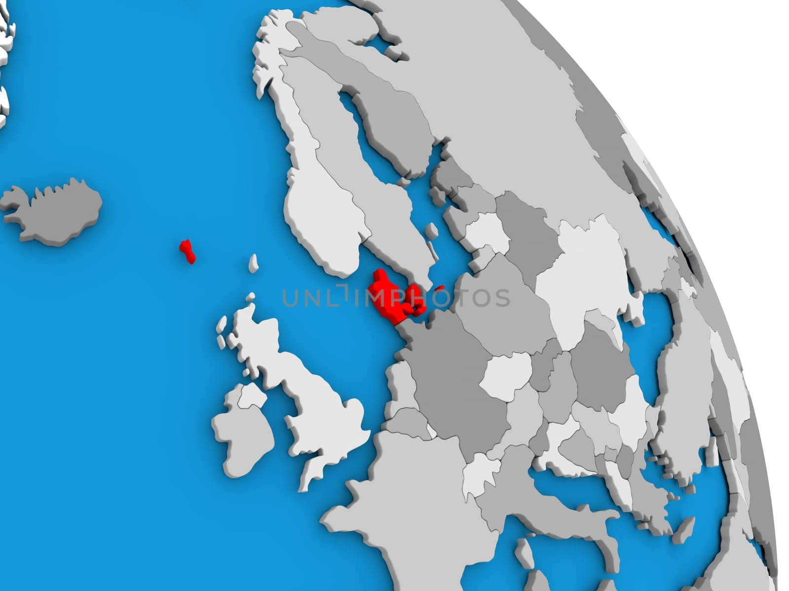 Denmark highlighted in red on simple globe with visible country borders. 3D illustration