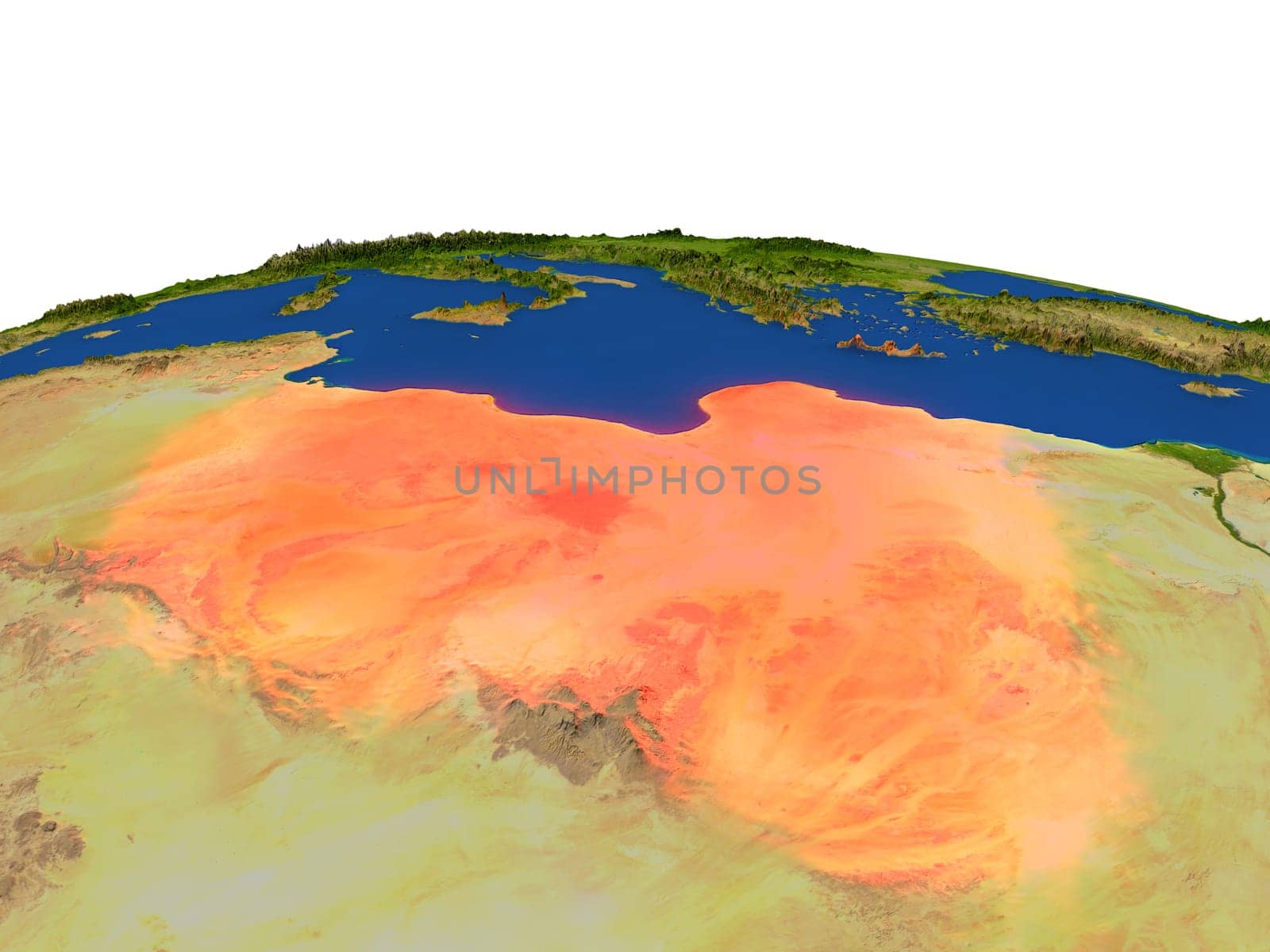 Libya from Earth's orbit in space highlighted in red color. 3D illustration with highly detailed realistic planet surface. Elements of this image furnished by NASA.