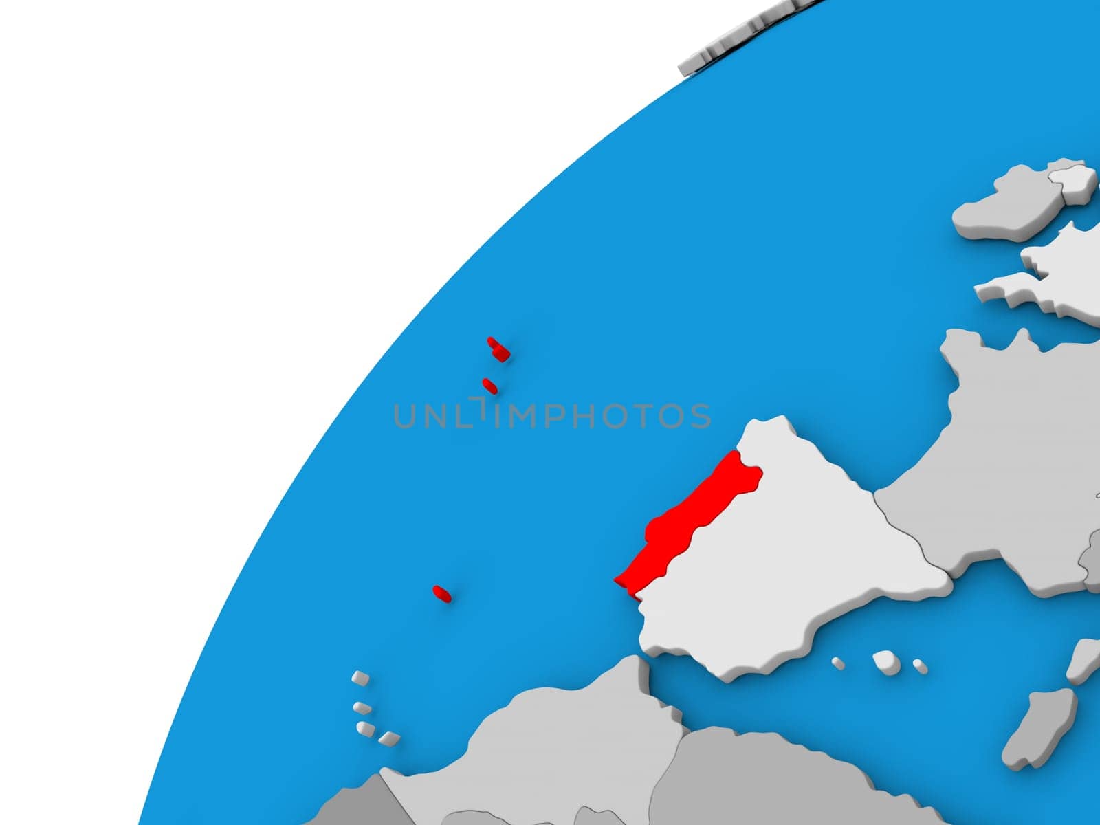 Portugal highlighted in red on globe with visible country borders. 3D illustration