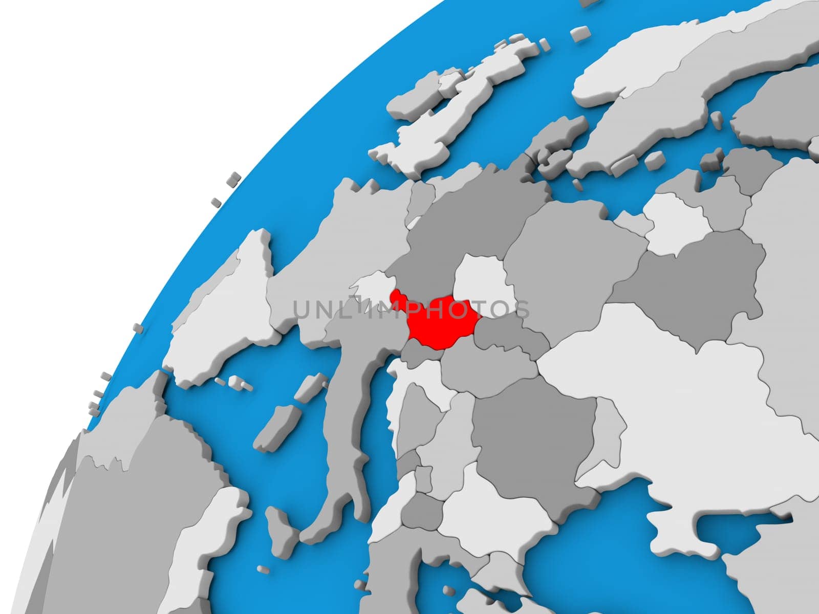 Austria highlighted in red on globe with visible country borders. 3D illustration