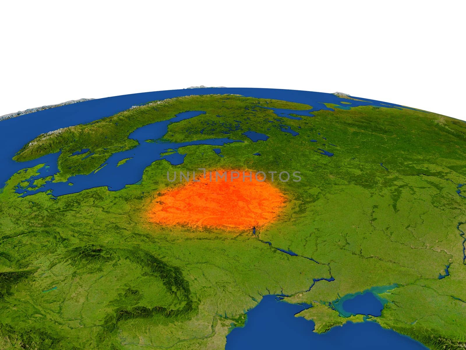 Belarus from Earth's orbit in space highlighted in red color. 3D illustration with highly detailed realistic planet surface. Elements of this image furnished by NASA.